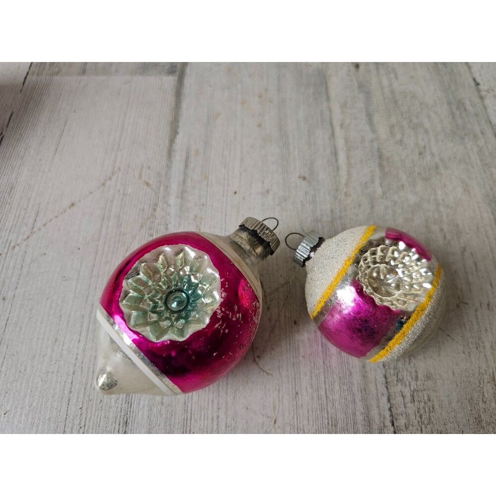 Radko shiny Brite double pink indent teardrop flocked Mercury glass ornament set